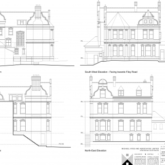 Existing elevations produced from photographs (counting bricks) and surveys using AutoCAD. More samples are available under 'General'.