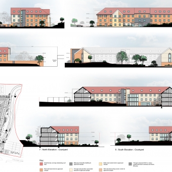 The proposed elevations were produced using AutoCAD, colour added in Photoshop. Additional samples of work for this project are available under 'Boarding House'.