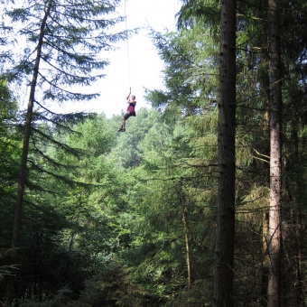 Exploring the Go-Ape attraction in Dalby Forest. 