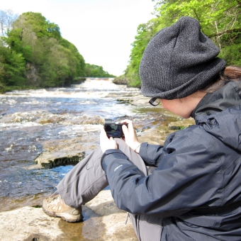 Enjoying the weather, taking pictures of the waterfall in Aysgarth.